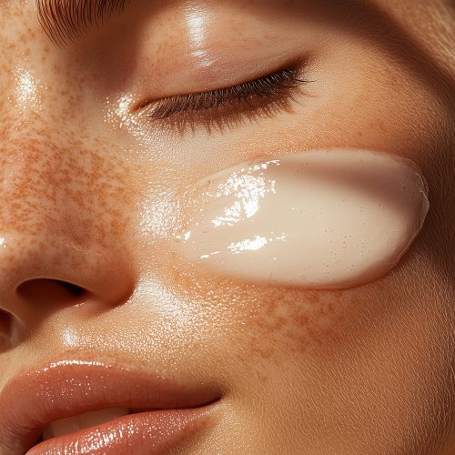 A woman with freckles relaxes as she gently applies a creamy skincare product to her cheek. The soft light highlights her glowing skin, enhancing the tranquil atmosphere of the moment. AI generated